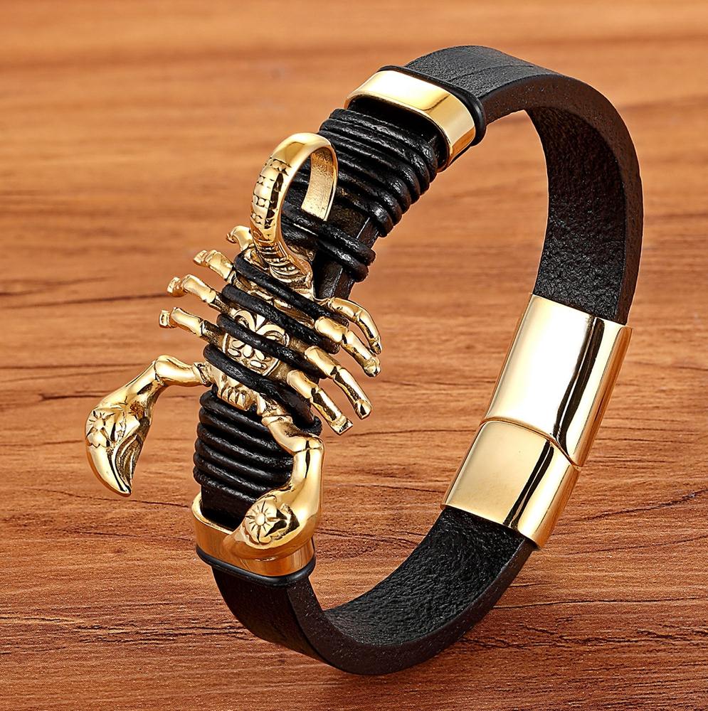 Genuine Leather Bracelet Gold Colour Easy Hook /Geometric/Scorpion